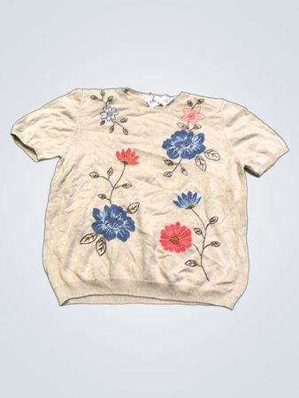 Alfred Dunner Damen Beiger Floral Strickpullover mit kurzen Ärmeln