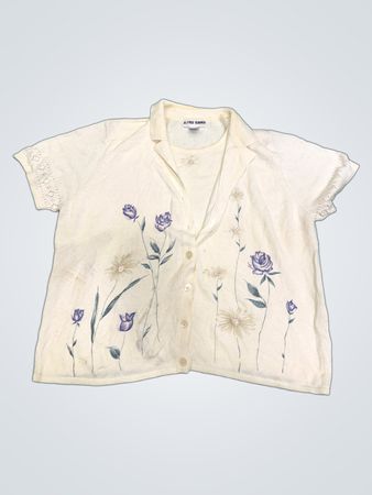 Alfred Dunner Damen Floral Print Kurzarm Knopf-Front Cardigan