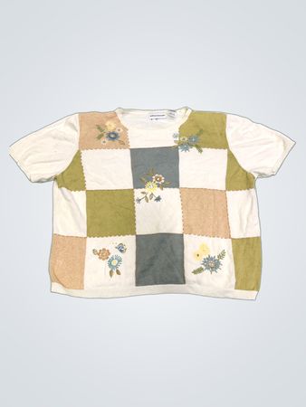 Alfred Dunner Damen Patchwork Blumen bestickter Kurzarmpullover