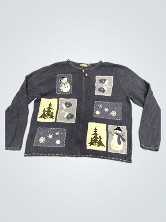 Croft & Barrow Blauer Schneemann und Weihnachtsbaum gestickter Reißverschluss-Kardigan