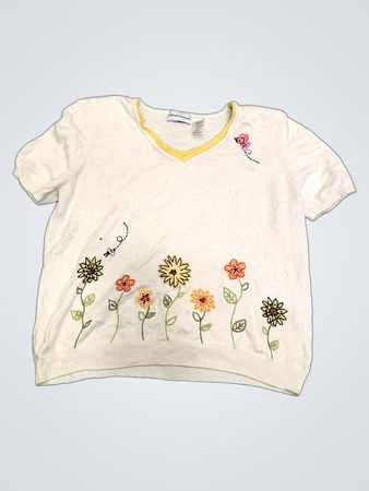 Alfred Dunner Weiß Bestickter Floral Kurzarm V-Ausschnitt Pullover