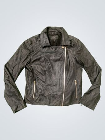Schwarze Leder-Bikerjacke mit Größenetikett 42