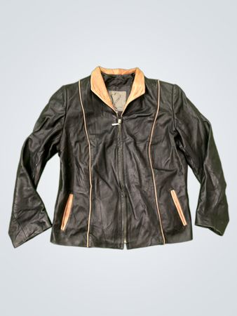Schwarze Lederjacke mit hellbraunen Akzenten