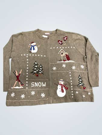 Damen-Strickjacke mit Reißverschluss und Schneemann- sowie Winterszene