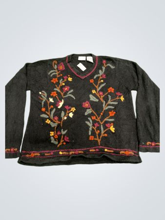 Bobbie Brooks Damen Schwarzer Blumenbestickter V-Ausschnitt-Pullover