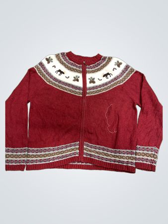 Croft & Barrow Women's Red Moose Fair Isle Zip Up Sweater