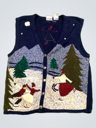 Bobbie Brooks Women's Skiing Scene V-Neck Button Front Sweater Vest