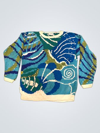 Talbots Damen Pullover mit blau-grünem abstraktem Muster, gestrickt