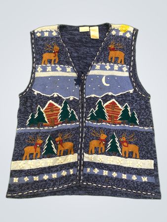Bobbie Brooks Damen Blaues Rentier- & Hüttchen-Ugly-Christmas-Pulloverweste