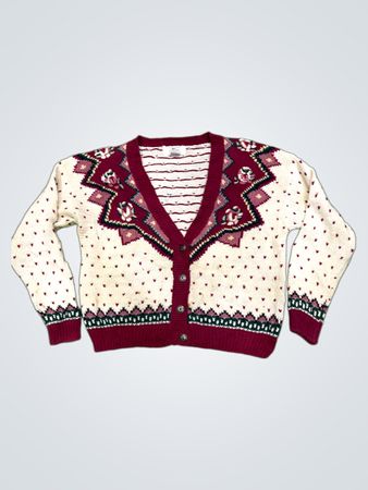 Marquise Damen Cardigan-Pullover mit creme- und bordeauxfarbenem geometrischem Muster