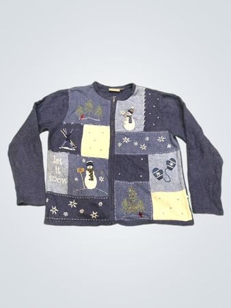 Croft & Barrow Damen Blau Patchwork-Schneemann Weihnachten Cardigan Pullover