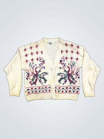 Marquiles Damen Cremefarbener Strickcardigan mit Blumenmuster Größe L