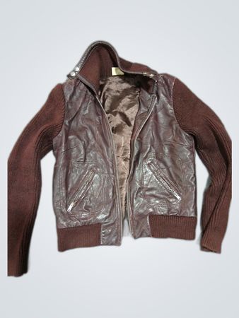 Brown Leather Knit Sleeve Jacket