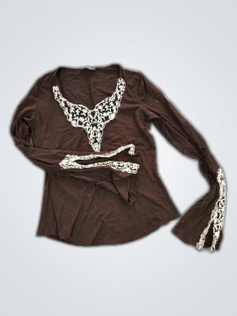 Brown Long-Sleeve Top with Lace Details