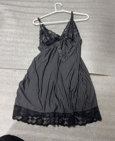 Black Striped Chemise with Lace Details