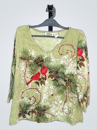 Collections Etc. Grüner Kardinal & Tannenzapfen Druck V-Ausschnitt Top