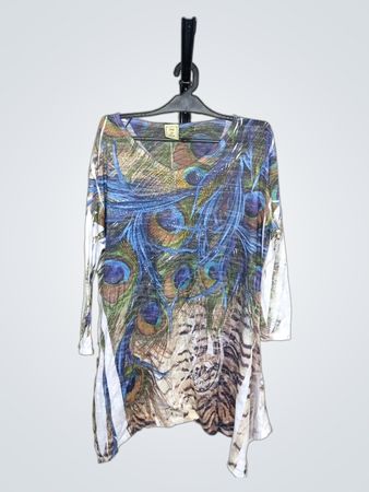 Damen Langarm-Pfauenfeder-Druck Tunika-Top