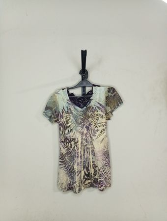 APT.9 Damen Kurzarm V-Ausschnitt Spitzenbesatz Bedruckte Bluse