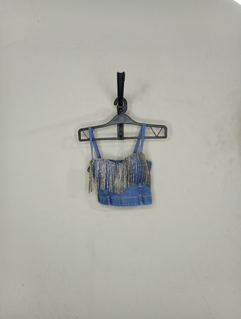 Denim Bustier Top mit Rhinestone-Fransen