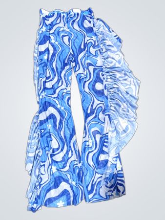 Blue and white wavy pattern ruffled pants