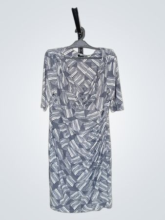 Lauren Ralph Lauren Rüschengraues Weißes Abstractdruck Midi-Kleid