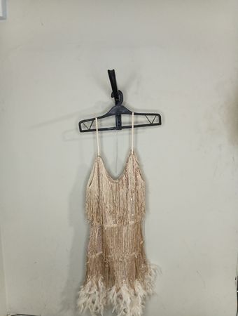 Goldene Pailletten-Fransen-Kleid mit Federn