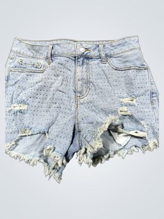 Blass gewaschene Denim-Shorts mit Strasssteinen und Used-Effekten