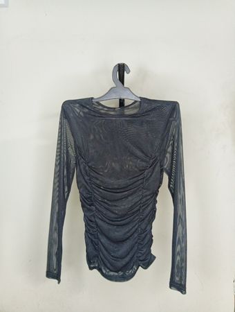 Schwarzes gerafftes Mesh Langarm-Oberteil