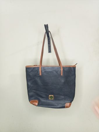 Dooney & Bourke Black Leather Tote Bag with Tan Trim