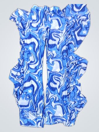 Blue and white abstract print ruffled pants