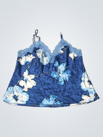 Linea Donatella Blaues Blumen-Spitzenbesatz-Kamiärmelloses Top