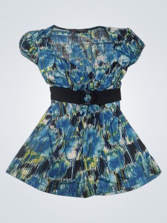Herz & Seele Blau Abstraktes Print-Kurzarmpoliertes Kleid mit Gürtel