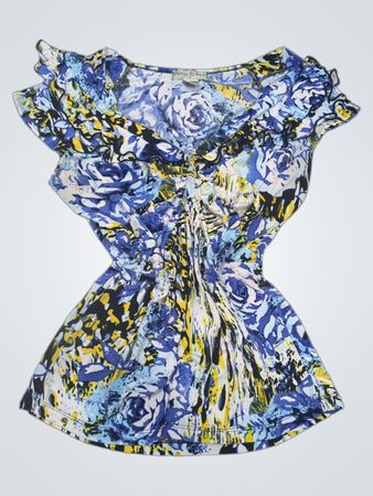 Vintage Suzie Blue Blumenmuster Top mit Rüschenärmeln