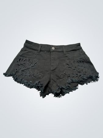 CURRENT MOOD Black Denim Shorts mit Stickerei und ausgefranstem Saum