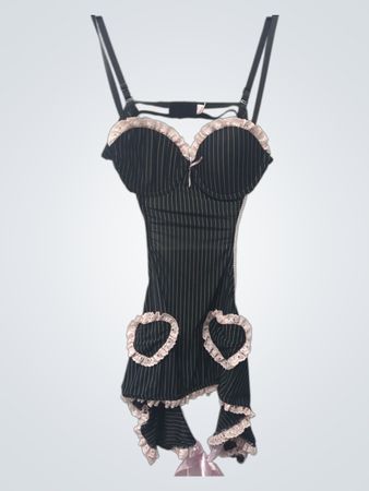 Jolie Black Nadelstreifen-Korsett mit pinker Spitzenbesatz und Herztaschen