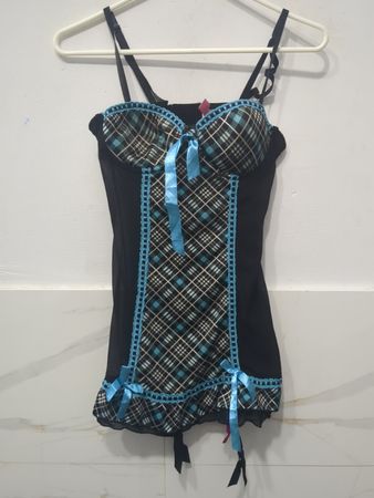 Schwarz-blau kariertes Negligee-Chemise