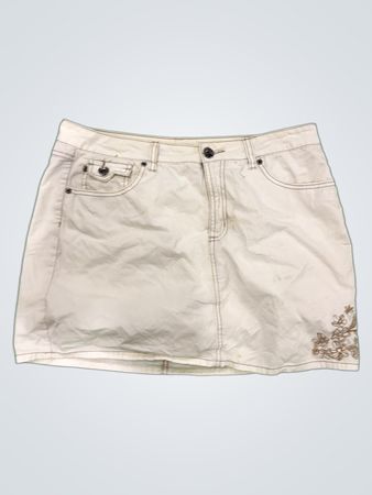 White Denim Skirt with Floral Embroidery