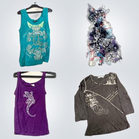 Lot de hauts à la mode - 25 pièces de vêtements de marques mélangées, t-shirts graphiques, blouses, débardeurs