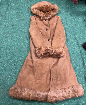 Tan Fur-Trimmed Hooded Coat