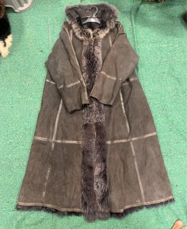 Long Gray Fur-Trimmed Coat