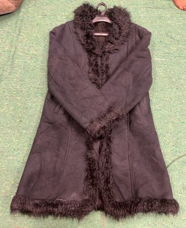 Black faux fur trimmed coat