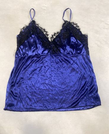 Blue Satin Cami with Lace Trim
