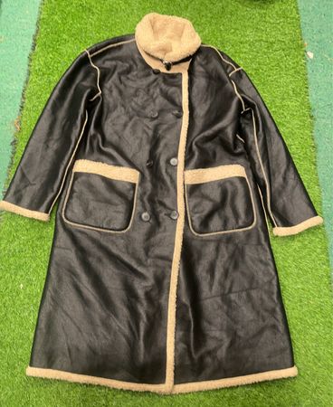 Black Leather Coat with Beige Fur Trim