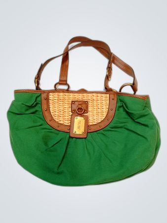 Nine West Green Canvas and Rattan Tote Bag