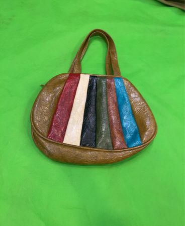 Brown Leather Handbag with Multicolor Strips