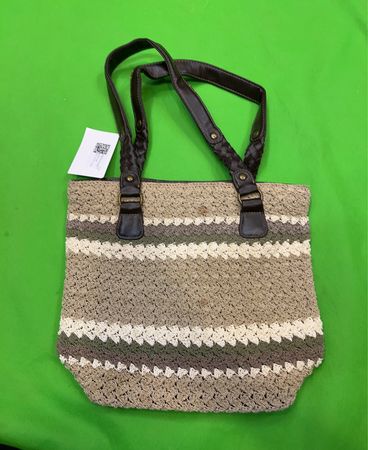 Unbranded Woven Striped Tote Bag with Leather Handles