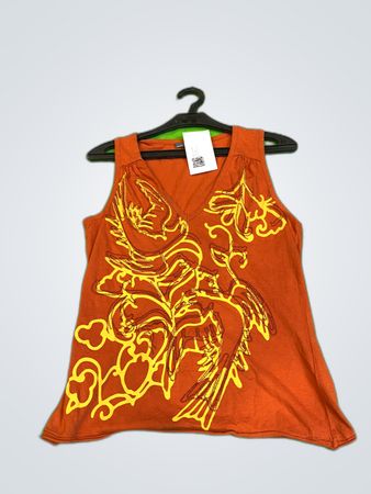 Orange Embroidered Bird Print Sleeveless Top