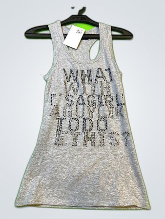 Gray Sleeveless Tank Top with Rhinestone Text