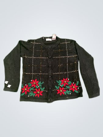 White Stag Black Knit Cardigan with Poinsettia Embroidery