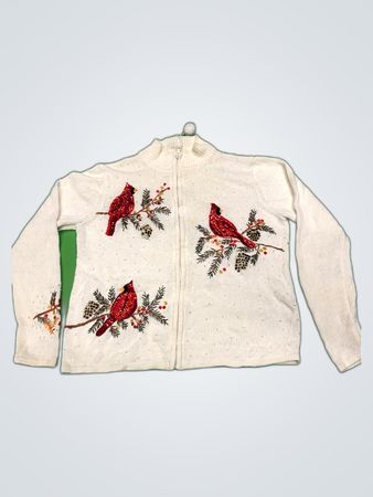Dressbarn White Embroidered Cardinal Zip-Up Cardigan